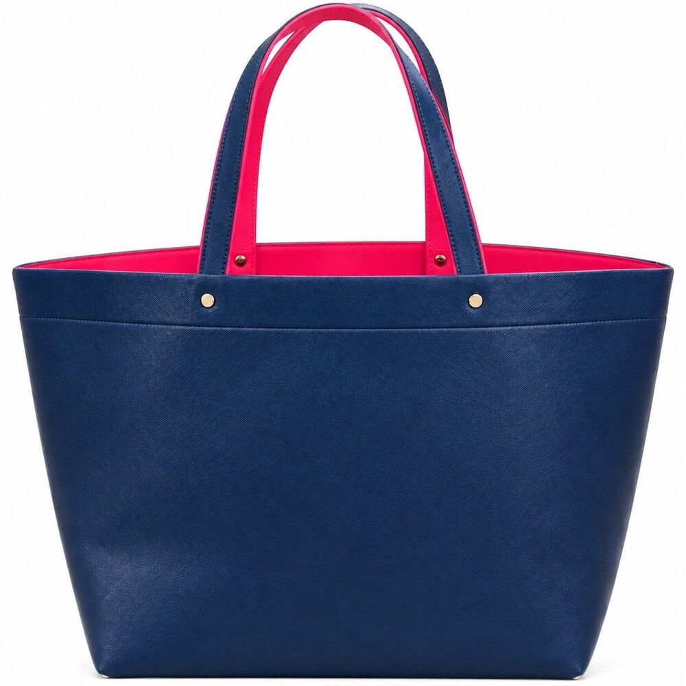 Neiman Marcus Large Navy Blue Hot Pink Tote Bag Saffiano Style Shopper Shoulder